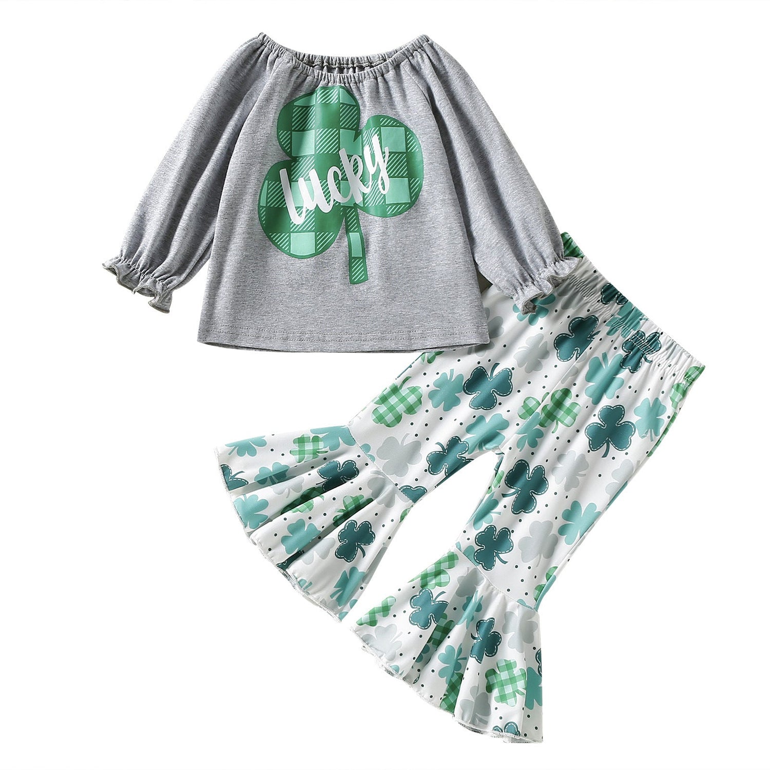 Baby Girl 1pcs 4-Leaves Grass Graphic Long Sleeve Tops Combo Allover Grass Print Ruffle Hem Pants Sets-8