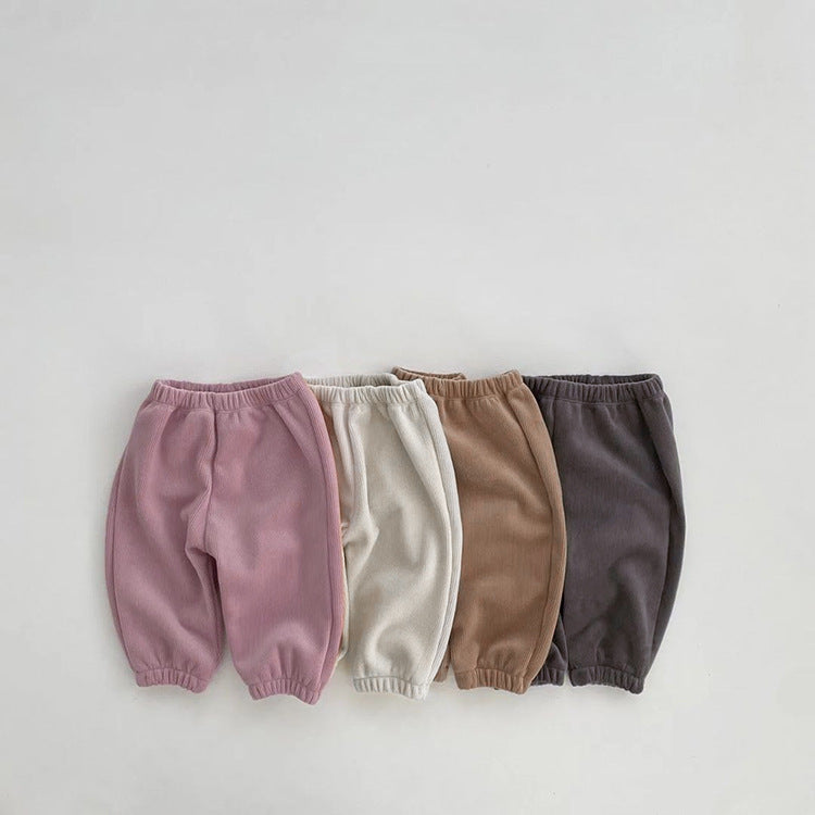 Baby Solid Color Fleece Thermal Lantern Pants In Autumn Winter-0