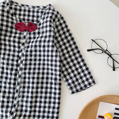 Baby Boy Plaid Pattern Bow Patched Design Cotton Jumpsuit-8