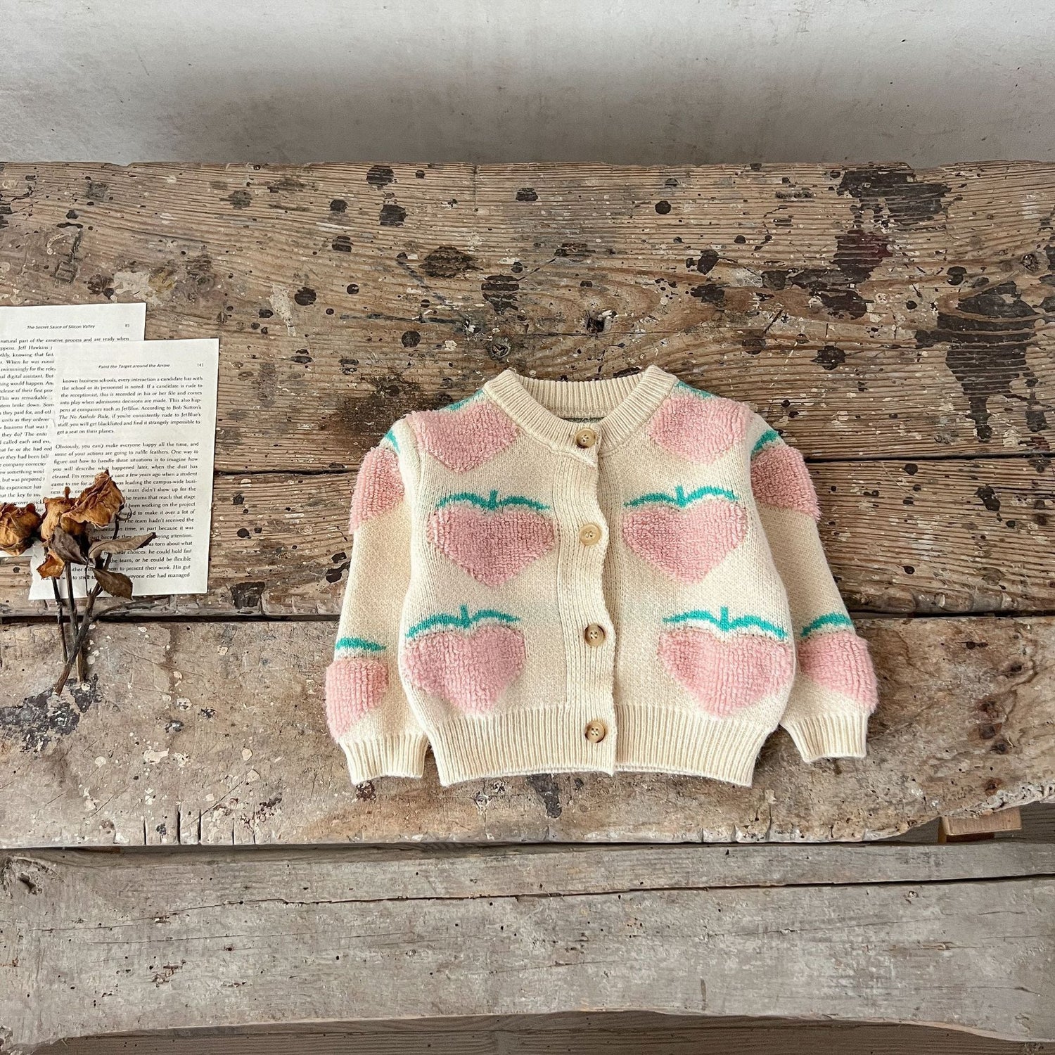 New Arrival Baby Girl Peach Embroidery Cardigan Combo Overalls In Sets-2