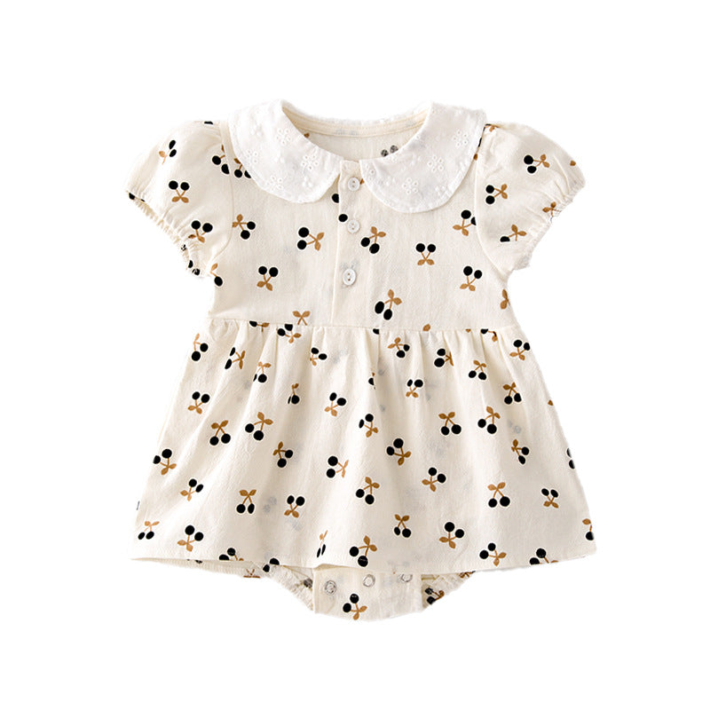 Baby Girls Cherry Print Doll Collar Design Neck Buttoned Puff-Sleeved Dress Onesies-0