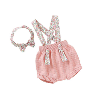 Baby Girl Ditsy Flower Sling Knitted Shorts Overalls With Headband-8