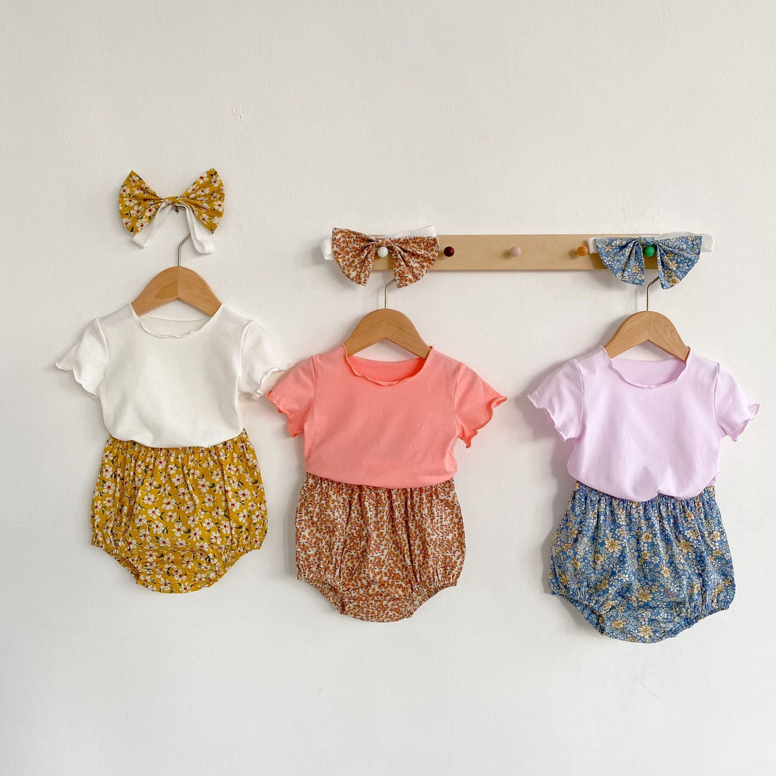 Baby Girl Solid Color Wooden Ear Design T-Shirt Combo Floral Shorts 2-Pieces Sets-0