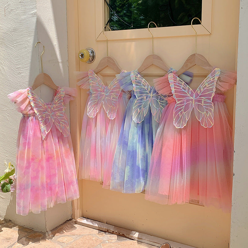 Summer Baby Kids Girls Gradient Fly Sleeves Butterfly Design Mesh Princess Dress-7