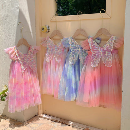 Summer Baby Kids Girls Gradient Fly Sleeves Butterfly Design Mesh Princess Dress-7