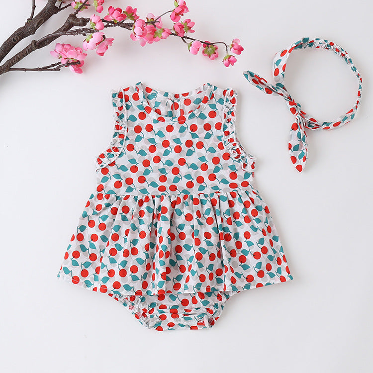 Baby Girl Cherry Print Sleeveless Onesies With Headband-0