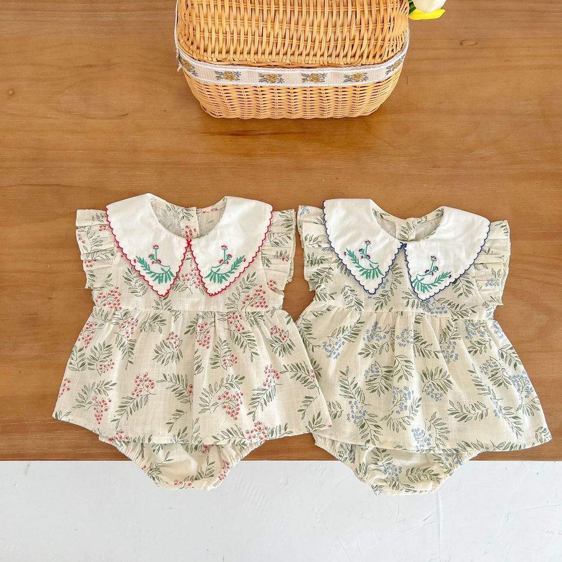 Baby Girl Floral Print Pattern Embroidered Lapel Sleeveless Tops Combo Shorts Two-Piece Sets-0