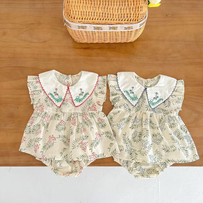 Baby Girl Floral Print Pattern Embroidered Lapel Sleeveless Tops Combo Shorts Two-Piece Sets-0