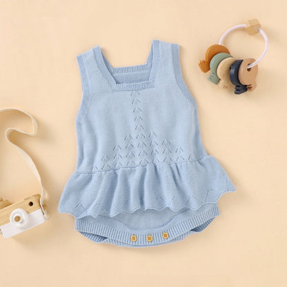 Baby Girl 1pcs Hollow Carved Design Square Neck Ruffle Deisign Knitted Onesies-7