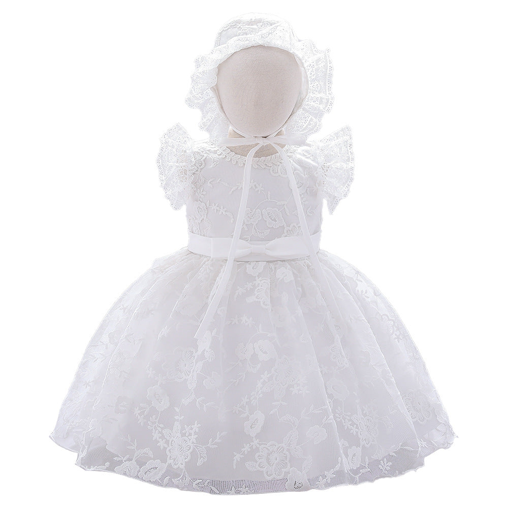 Baby Girl Solid Color Mesh Overlay Design Formal Baptism Birthday Gift Dress With Hat-8