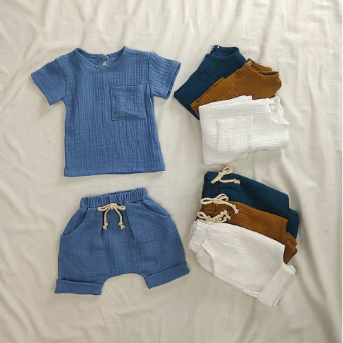 Summer New Arrival Baby Kids Short Sleeves Solid Color T-Shirt And Shorts Casual Clothing Set-0