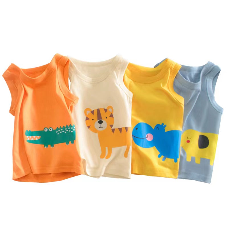 Baby Boy Animal Print Round Neck Sleeveless Children’s Tops In Summer-0