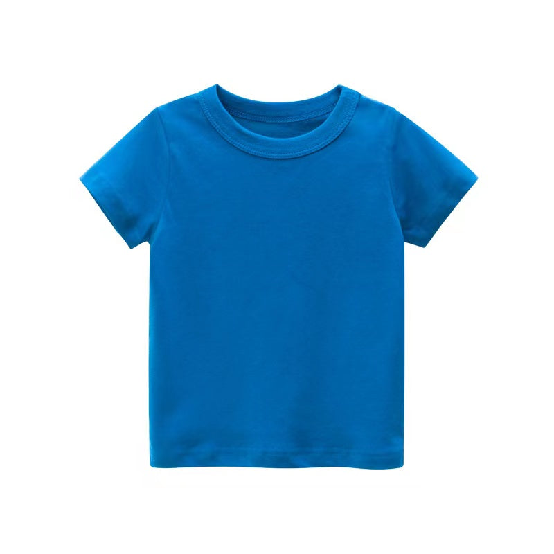 Baby Kids No Pattern Solid Color Short-Sleeved Tops In Summer Outfit Wearing-8