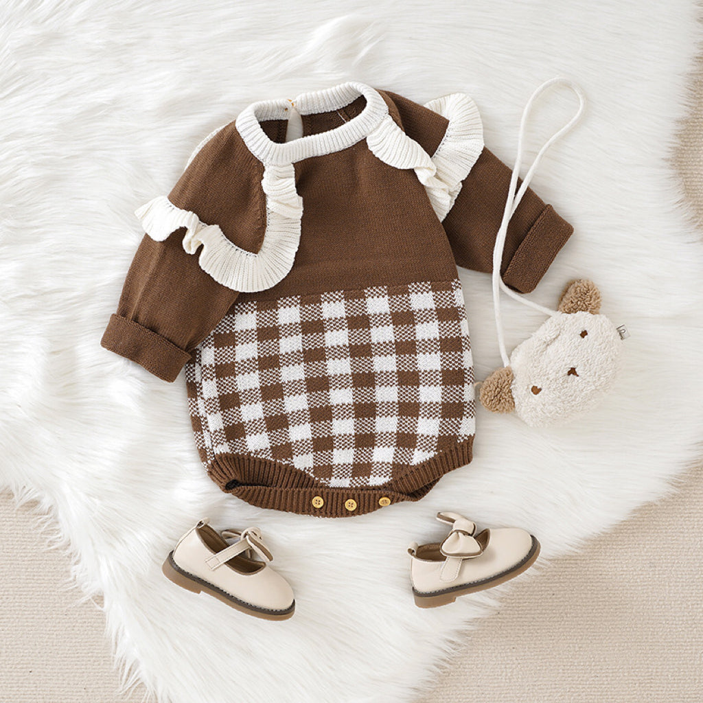 Baby Girl Checkerboard Pattern Lace Design Onesies In Autumn-0