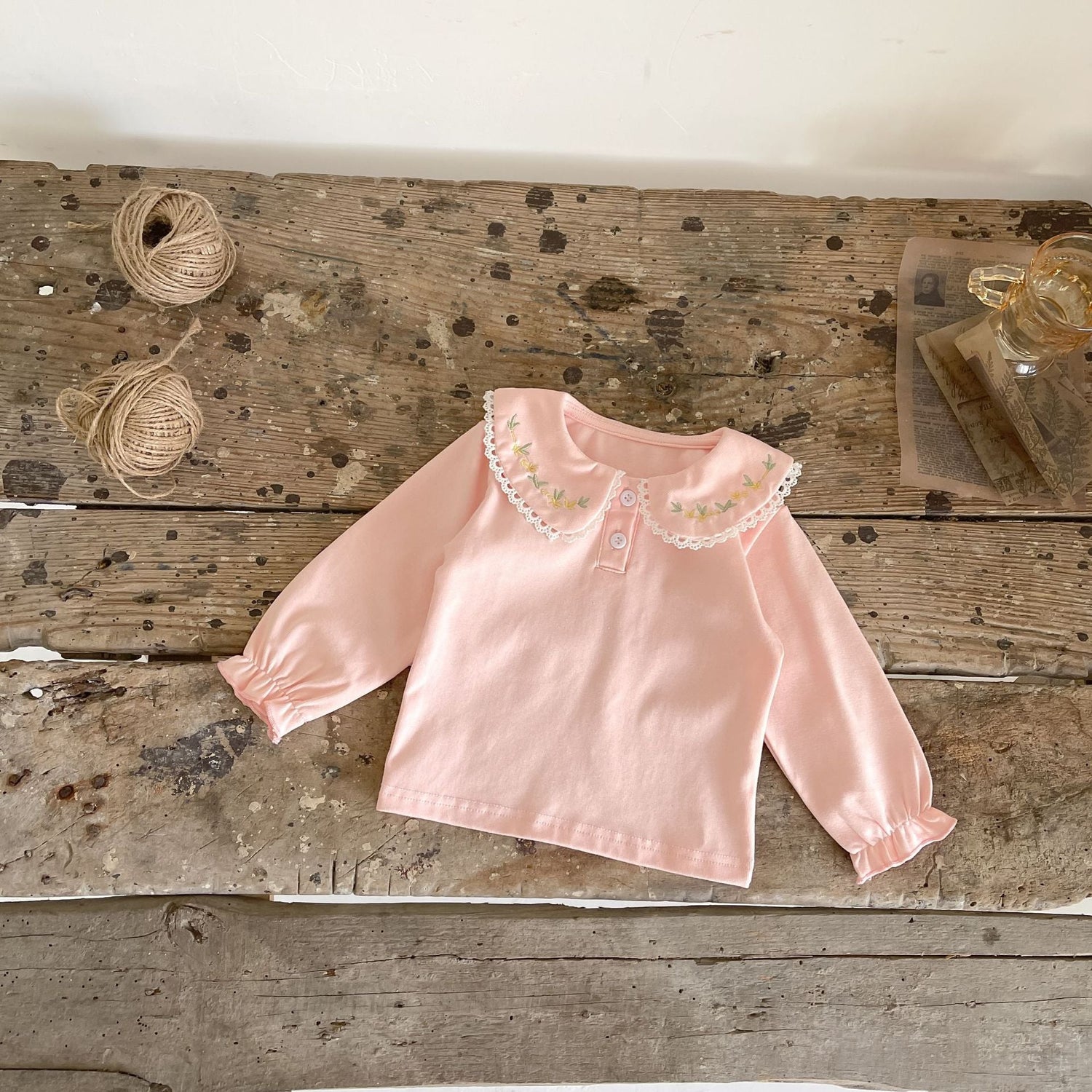 Baby Girl Solid Embroidered Floral Collar Top-7