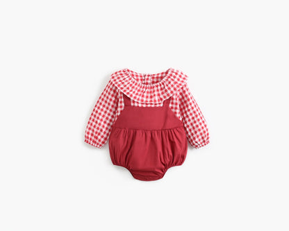 Baby Girl 1pcs Plaid Pattern False 1-Piece Design Ruffle Neck Onesies-8