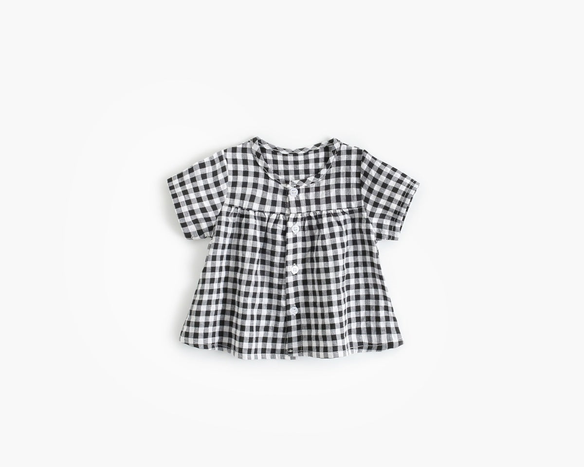 Baby Girl Plaid Pattern Single Breasted Design Shirt Combo Shorts Sets-8