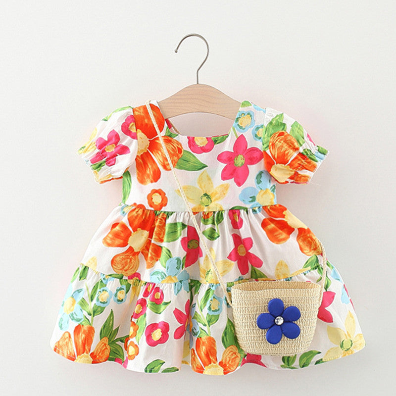 Baby Floral Pattern Short Sleeve Crewneck Dress-1