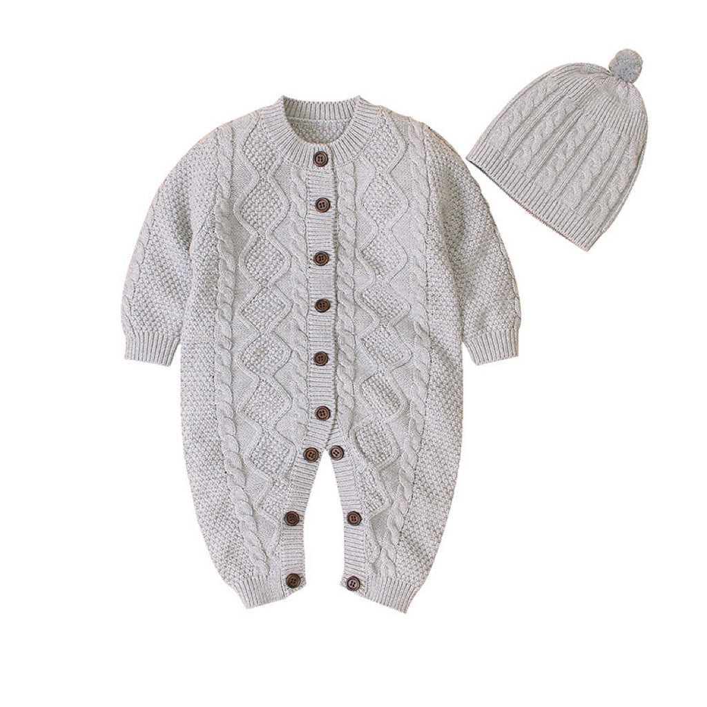 Baby Baby Cable Knitted Pattern Button Front Design Long Sleeve Warm Rompers &amp; Hat-3