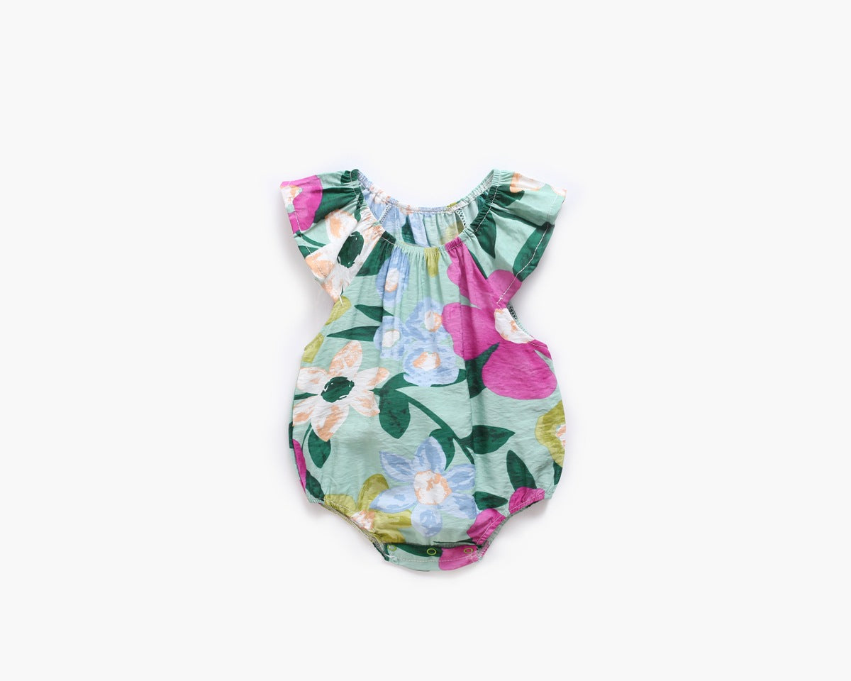 Baby Girl Floral Print Ruffle Design O-Neck Onesies In Summer-8