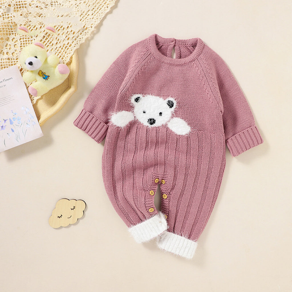 Baby Bear Jacquard Design Long Sleeve Cute Knitted Jumpsuits-7