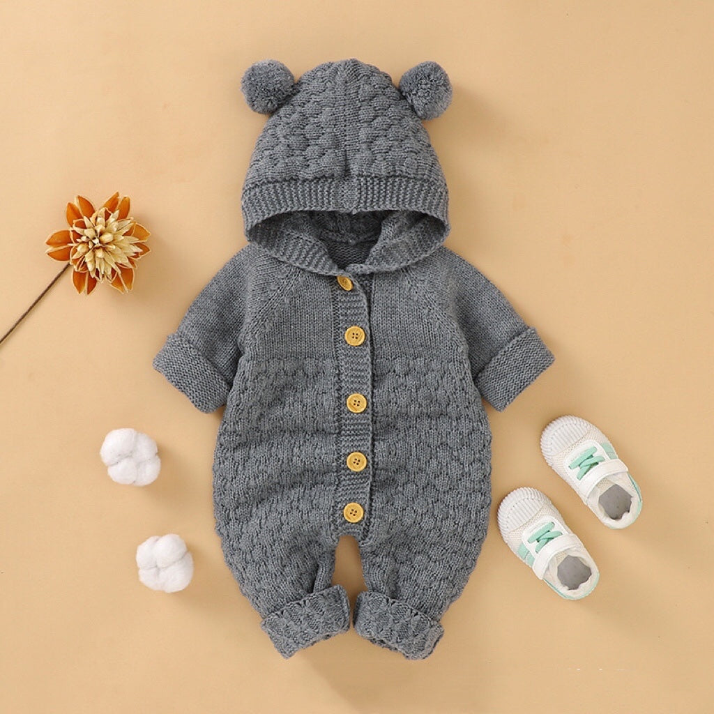 Baby 1pcs Cable Knitted Graphic Button Front Design Rompers With Hairball Patched Hat-7