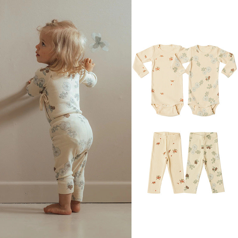 Baby Girl Floral Pattern Cotton Onesies With Pant 1 Pieces Sets-0