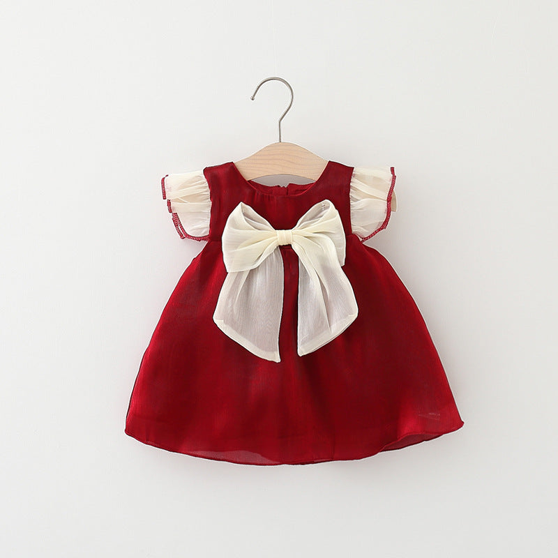 Baby Girl Solid Color Bow Tie Patched Design Mesh Princess Dress-1