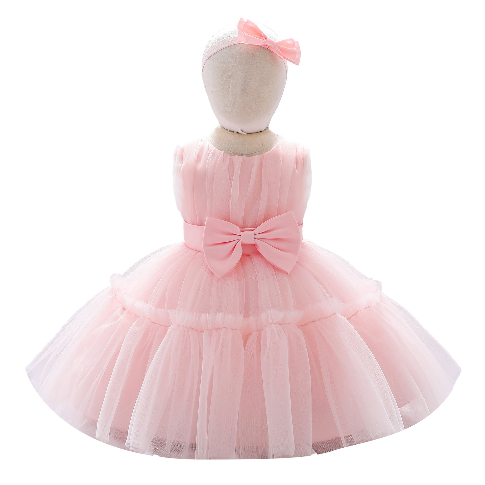 New Arrival Summer Baby Kids Girls Sleeveless Solid Color Ruffle Mesh Bow Tied Dress-7