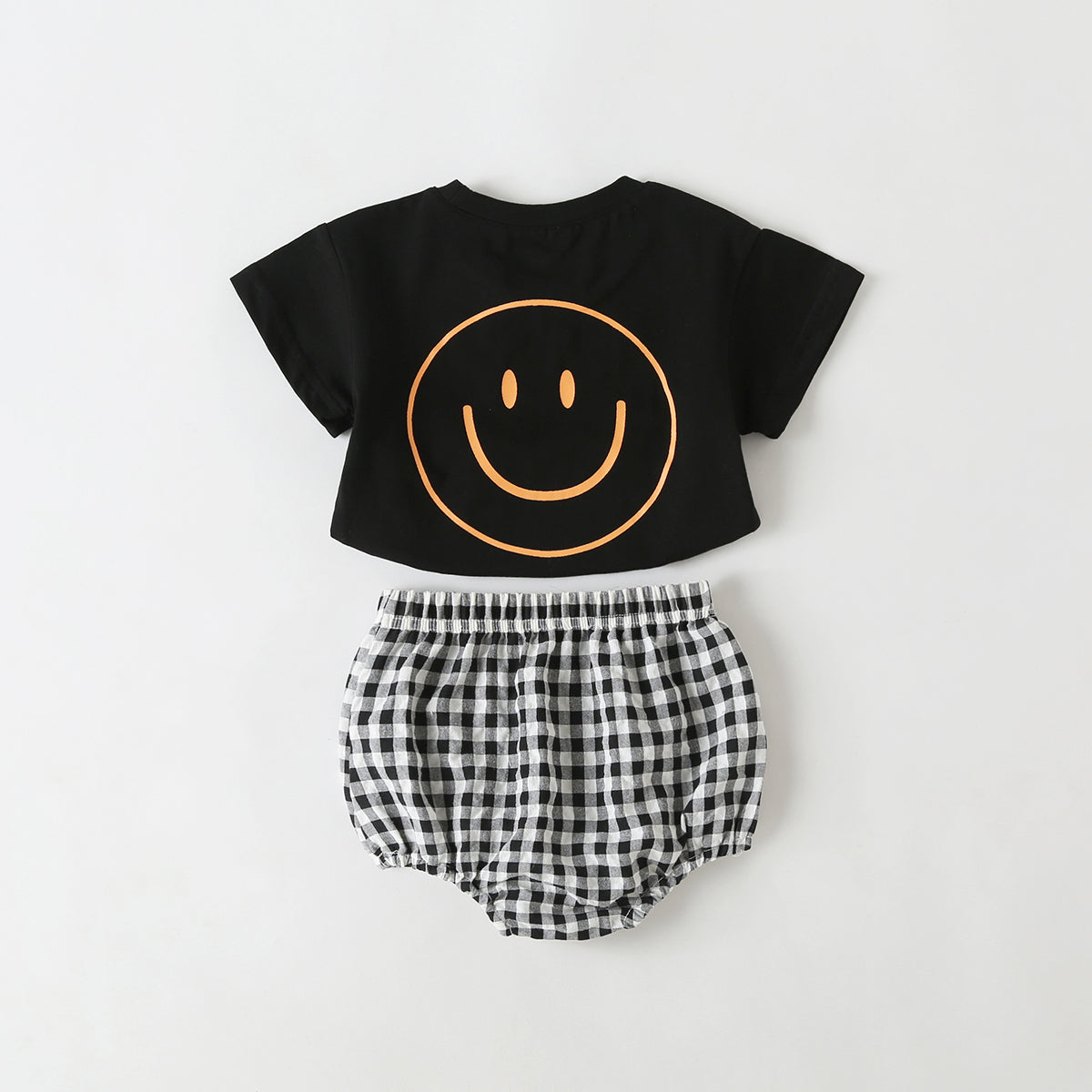 Baby Smiley Print Pattern Solid Tee Combo Plaid Pattern Triangle Shorts Sets-8