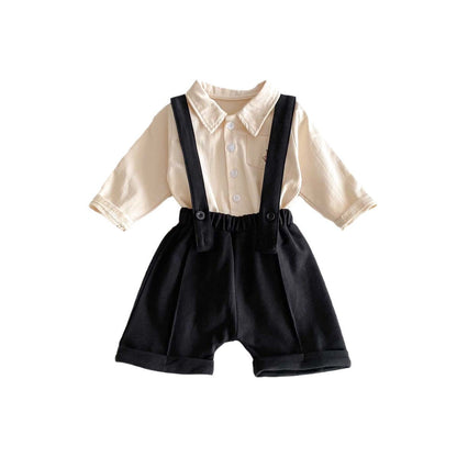 Spring Baby Kids Unisex Plain Long Sleeves Base Shirt And Overalls Clothing Set-8