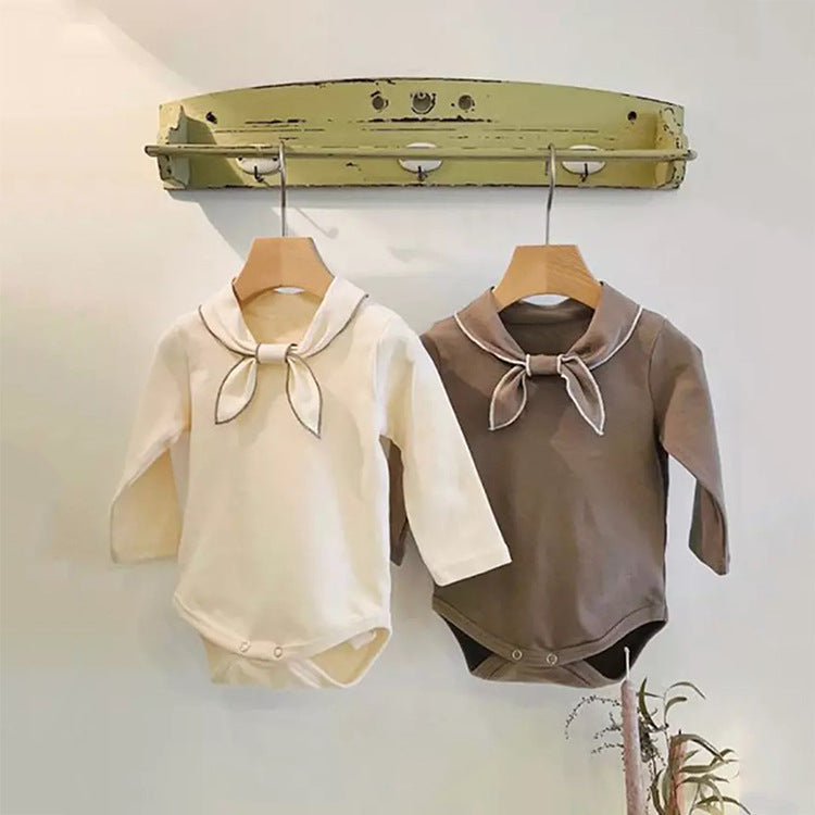 Baby Bow Tie Design Long Sleeve Solid Color Cute Bodysuits-0