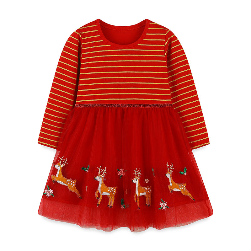 Girls’ European-American Style Santa Claus And Reindeer Embroidered Tulle Dress With Striped Pattern-0