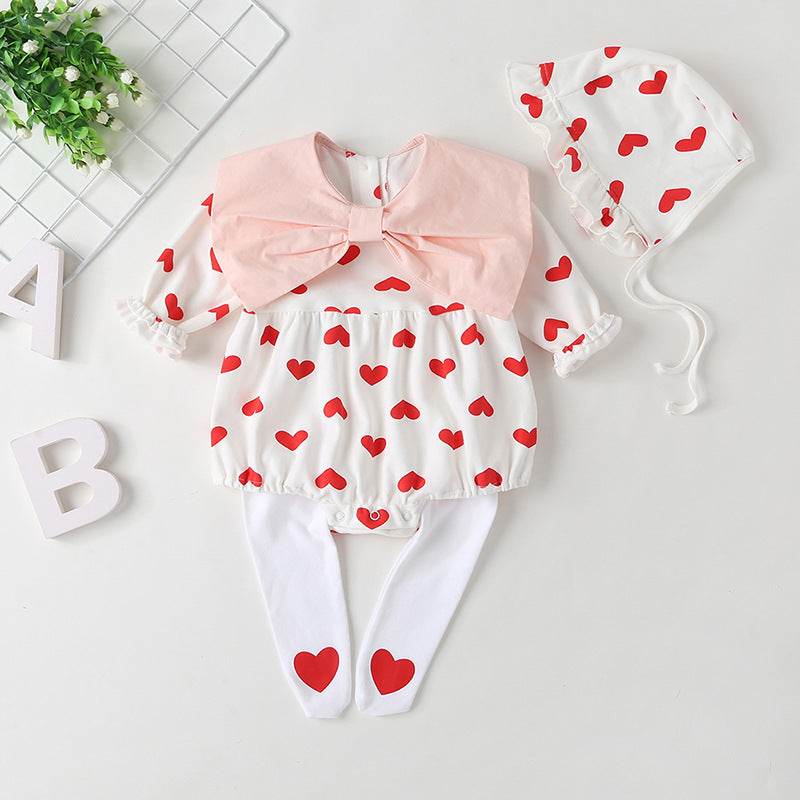 Baby Girl Heart Pattern Big Bow Tie Patched Design Triangle Onesies-0