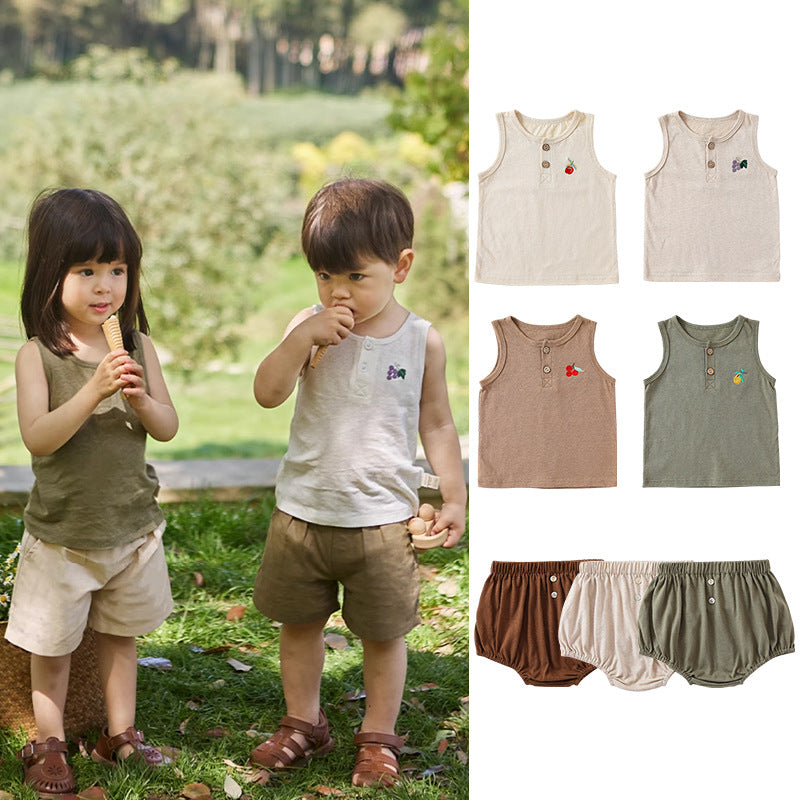 Summer Baby Kids Unisex Fruit Embroidered Logo Sleeveless Simple Vest And Bloomers-0