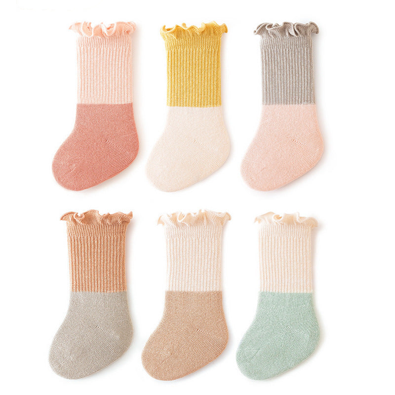 Baby Kids Unisex Color Patchwork Comfortable Ruffle Fringe Crew Socks-0