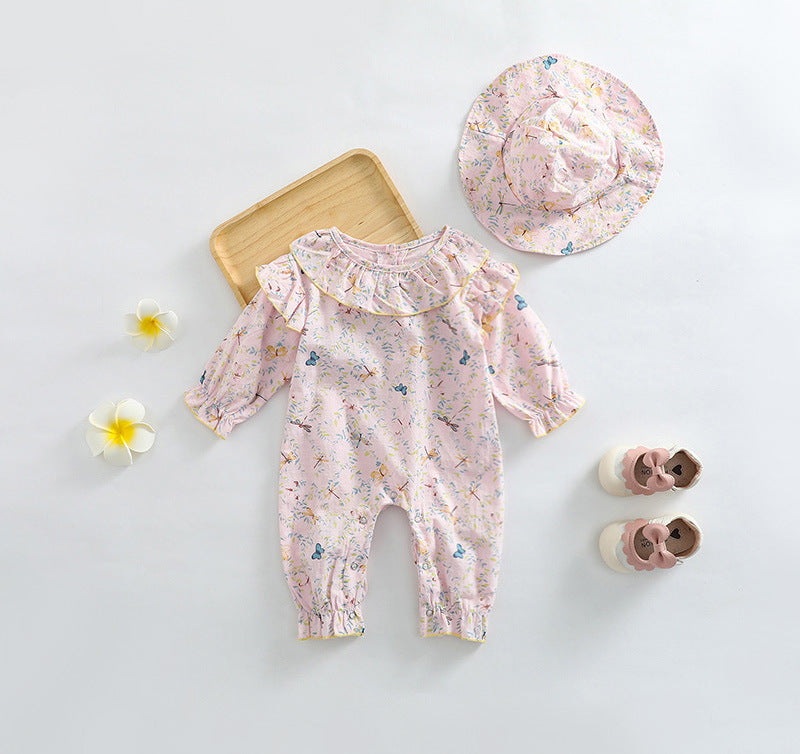 Baby Girl Butterfly Pattern Ruffle Collar Cute Jumpsuit-0