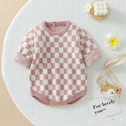 Baby Checkerboard Pattern Quality Knit Onesies-0