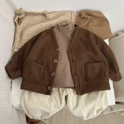 Baby Boy And Girl Solid Color Single Breasted Design V-Neck Thermal Autumn Jacket-7