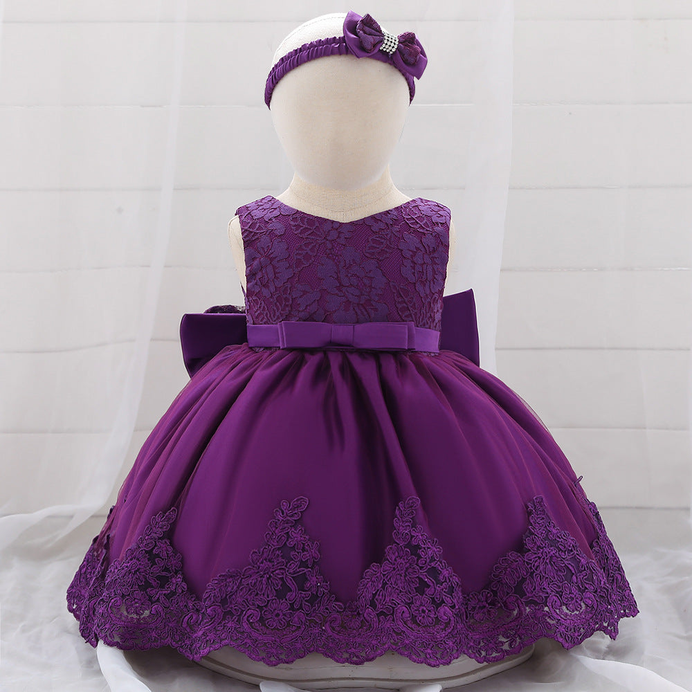 Baby Girl Floral Mesh Overlay Design Princess Full Moon Formal Dress &amp; Headband-24