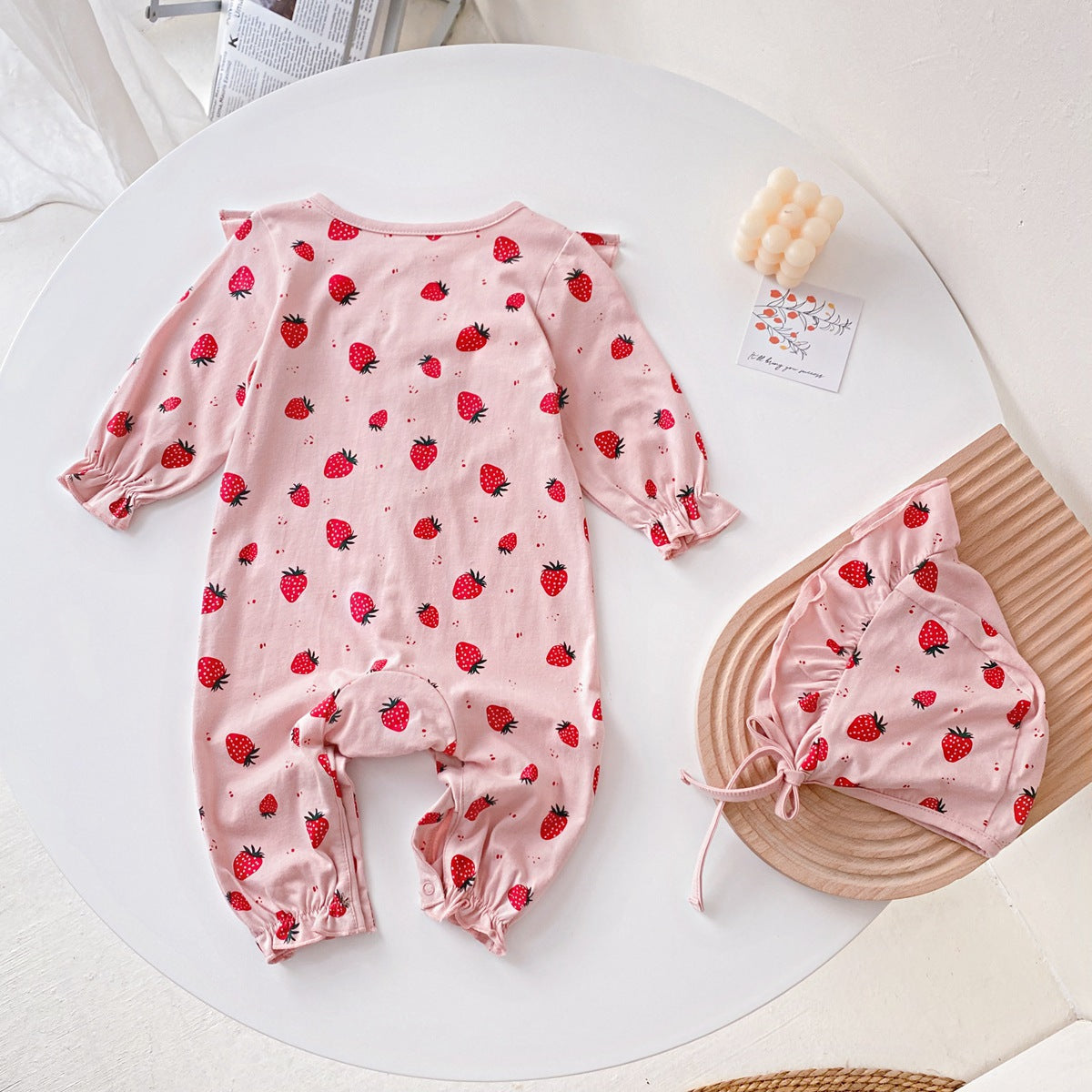 Baby Girl Allover Strawberries Pattern Ruffle Design Button Front Romper-8