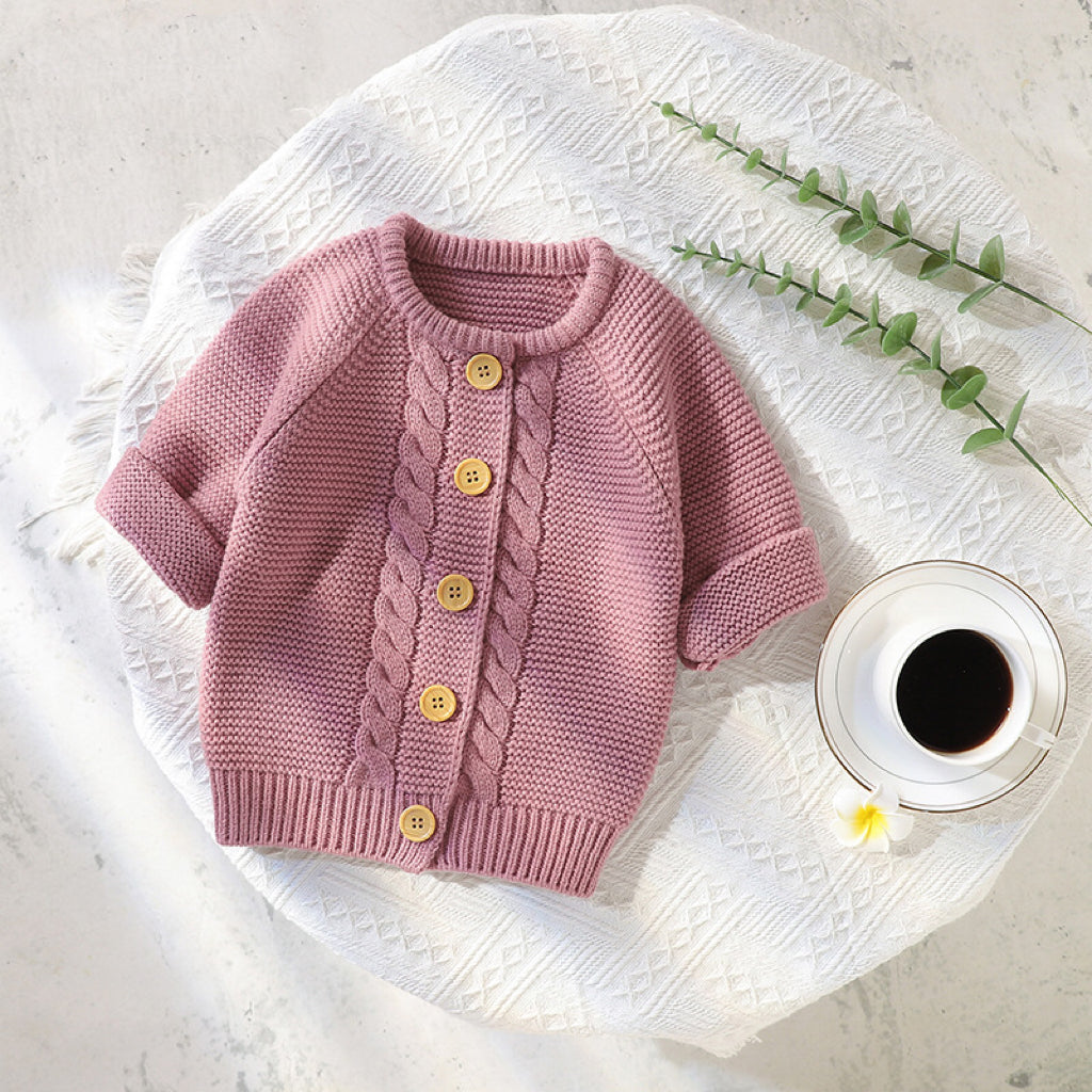 Baby Solid Color Long Sleeve Handmade Knitted Cardigan-0