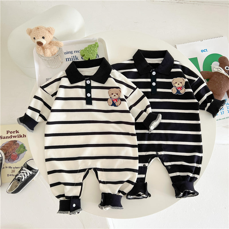 Baby Cartoon Bear Print &amp; Striped Pattern Polo Neck Long Sleeve Romper-0