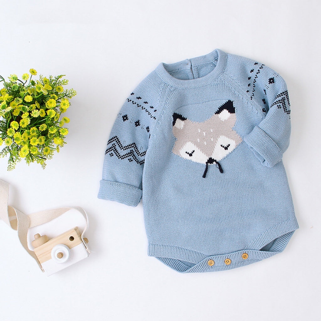 Baby Cartoon Fox Graphic Long Sleeves Triangle Knitted Romper Jumpsuit In Autumn-1