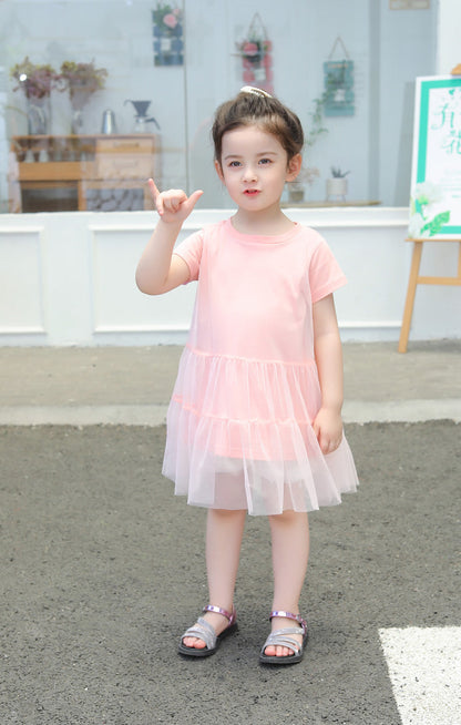 Girl Solid Mesh Pattern Short Sleeve Round Collar Dress In Summer-8