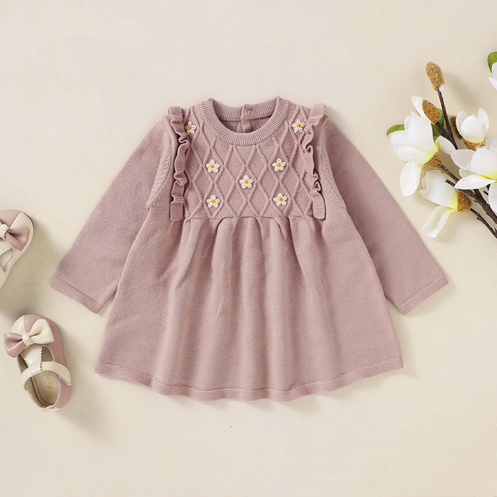 Baby Girl Flower Patched Pattern Solid Color Knitted Dress-8