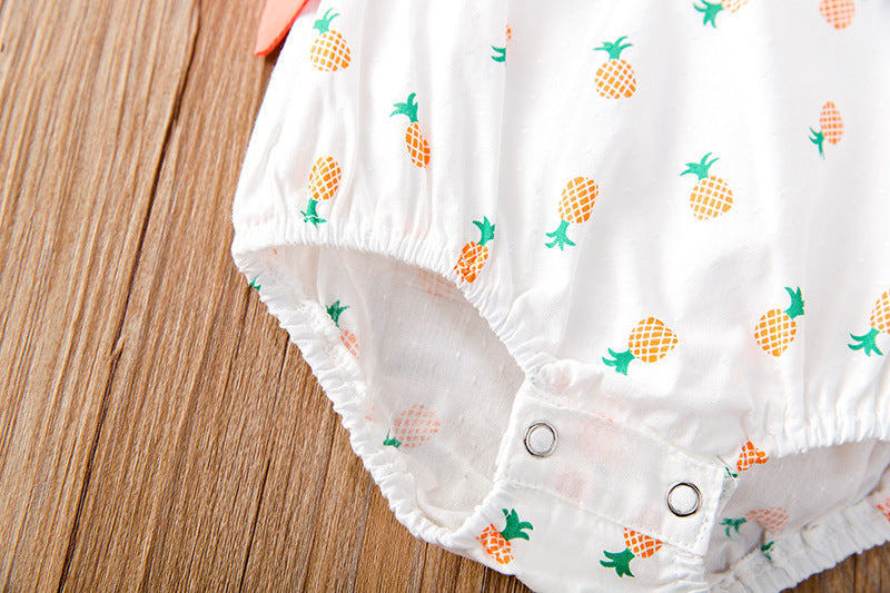 Baby Girl Fruit Print Drawstring Design Round Neck Onesies-9