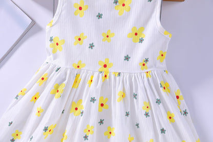 Baby Girls Floral Print Sleeveless Round Collar Dress In Summer-9