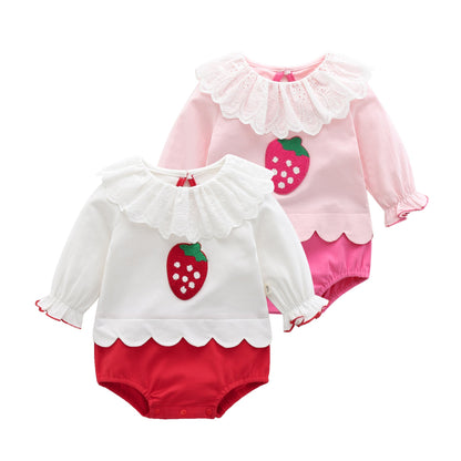 Baby Girl 1pcs Strawberry Pattern Mesh Ruffle Neck Patchwork Onesies Bodysuit-0