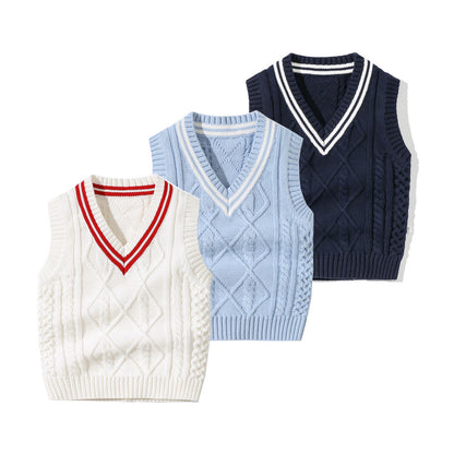 Baby Crochet Knitting Pattern Striped V-Neck Design College Style Sleeveless Vest Sweater-0